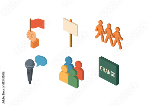 isometric icon items isolated on white background social movement banner board march line speech mic people crowd change