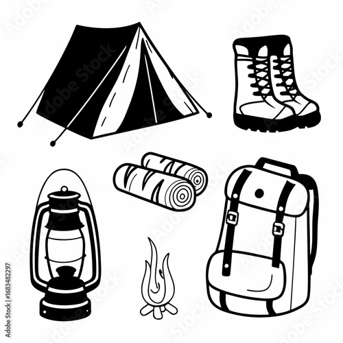 Camping equipment doodle including tent, boot, lantern, sleeping bag and backpack