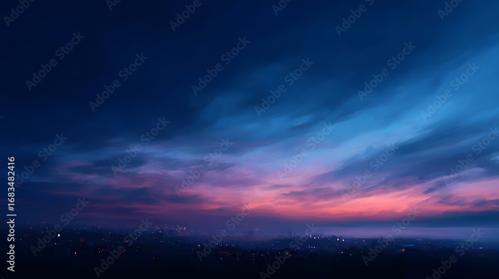 Fototapeta premium Vibrant twilight sky unfolds over a serene city skyline at dusk with colorful clouds painting the horizon and urban lights beginning to glow