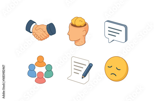 isometric icon items isolated on white background handshake deal open mind speech line group circle study page empathy face
