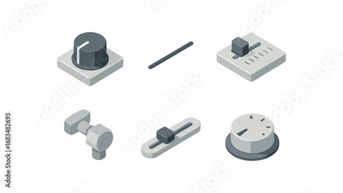 isometric icon items isolated on white background adjustment knob fine line scale tuning peg slider bar setting dial