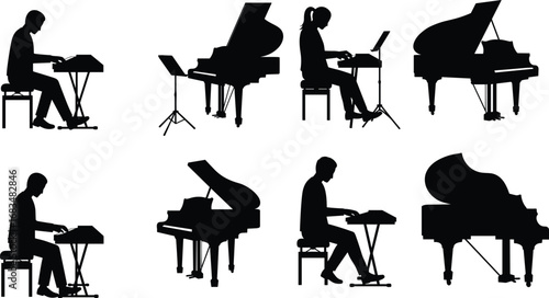 Silhouette Musicians Playing Piano and Keyboard Instruments in Studio and Concert Settings – Vector Illustration for Music Education and Design