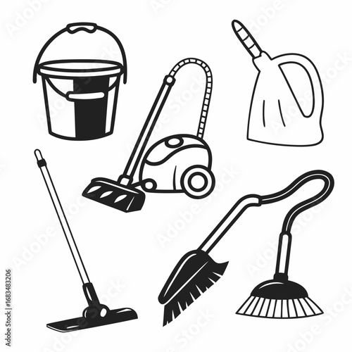 Illustration of various cleaning tools such as vacuum cleaner, bucket, mop and broom