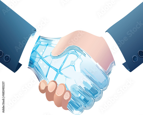 Human and AI handshake with glowing hologram