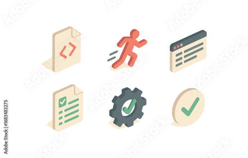 isometric icon items isolated on white background execute code run icon task bar result sheet test gear complete