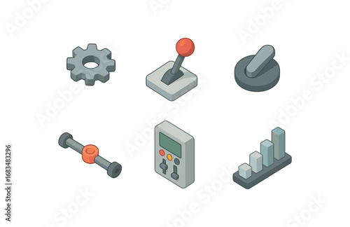 isometric icon items isolated on white background operation gear machine lever switch knob process line control panel engine bar