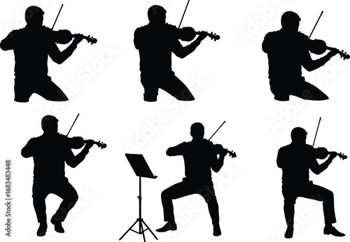 Silhouette of Male Violinists Playing Violin in Various Performance Poses with Music Stand Isolated on White Background Vector Illustration