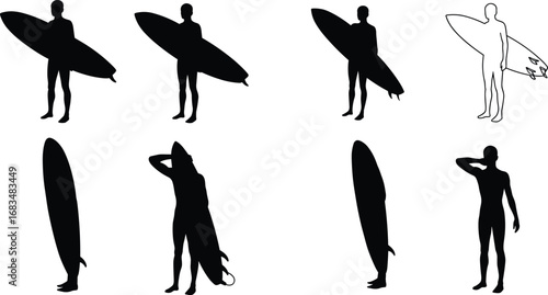 Silhouette of male surfer holding surfboard, standing in various poses, isolated vector illustration for beach and ocean sports designs