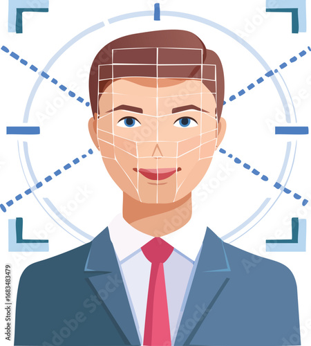 AI face recognition concept with digital grid overlay 