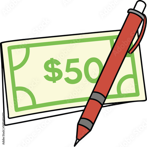 Vector art of a red pen rests on a stylized fifty dollar bill, symbolizing financial transactions and the concept of money