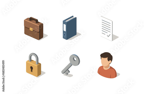 isometric icon items isolated on white background briefcase handle business file contract paper lock clasp office key work