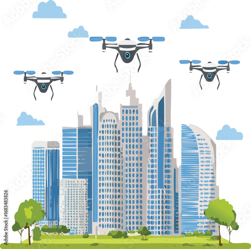 Smart city skyline with AI-driven drones