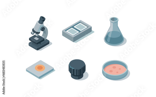 isometric icon items isolated on white background microscope lens slide tray lab glass sample cell focus knob petri dish