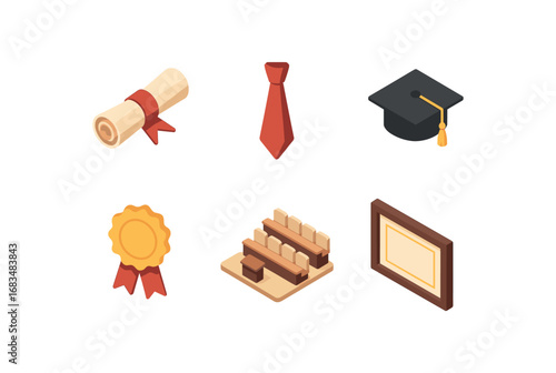 isometric icon items isolated on white background diploma roll ribbon tie graduation cap award seal lecture hall frame case