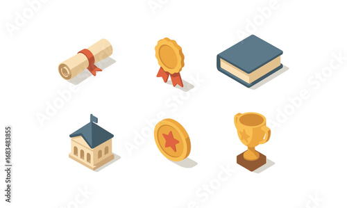 isometric icon items isolated on white background diploma scroll honor ribbon study book campus se degree seal award