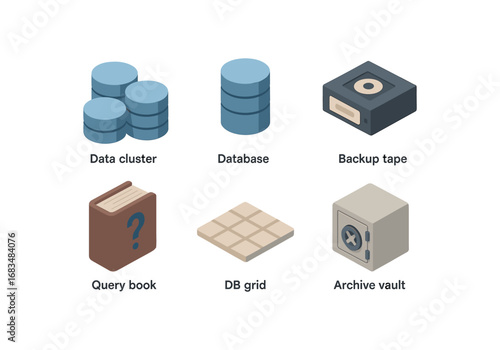 isometric icon items isolated on white background data cluster db column backup tape query book db grid archive vault