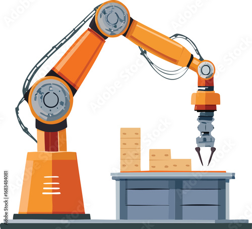 Flat design robot arm assembling parts in factory