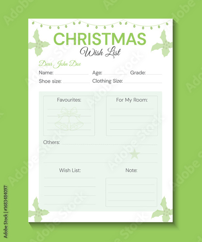 Printable Modern and Minimal Christmas A4 Wish List Template for Holiday Gift Planner and Family Organizer Vector Illustration Green Accent