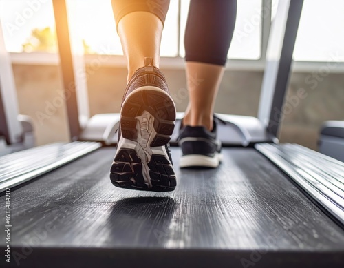 Close-up view of a person's feet as they run on a treadmill at the gym, focusing on their workout.