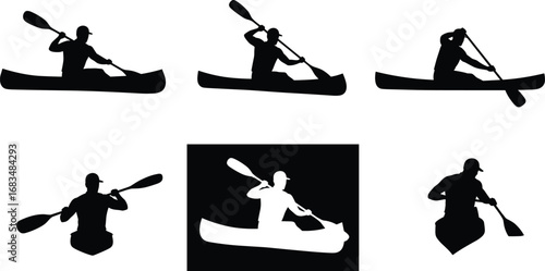 Silhouette Set of Kayaker Paddling Canoe in Various Positions and Angles for Outdoor Water Sports, Adventure, and Boating Design.