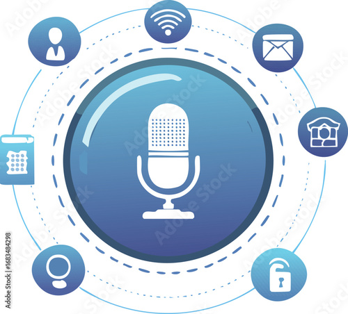Digital assistant illustration with voice recognition icons
