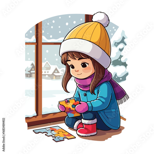 A joyful little girl in a hat and winter gear smiles while playing in the snow, a festive illustration of childhood fun