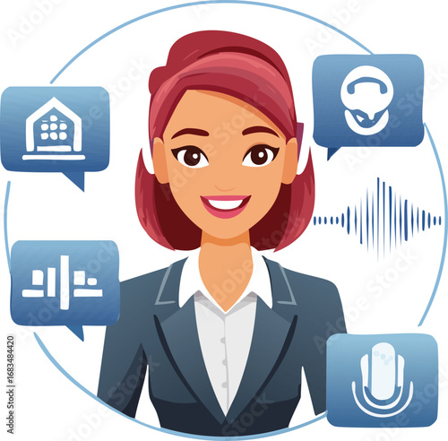 Digital assistant illustration with voice recognition icons