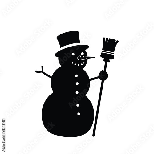 Black snowman with top hat and broom winter white