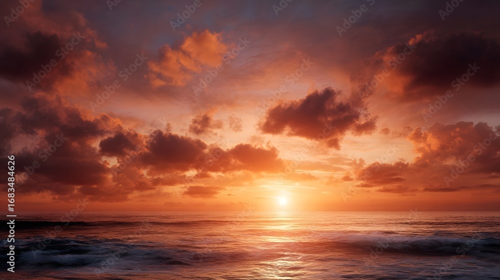 Fototapeta premium A breathtaking sunset paints the ocean horizon with vibrant hues of golden orange and dramatic red casting a warm reflective glow over gentle waves