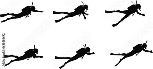 Silhouette set of six scuba divers underwater exploring ocean depths with diving gear and fins for aquatic adventure concept