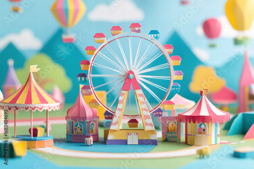 A paper model of a carnival with a large Ferris wheel