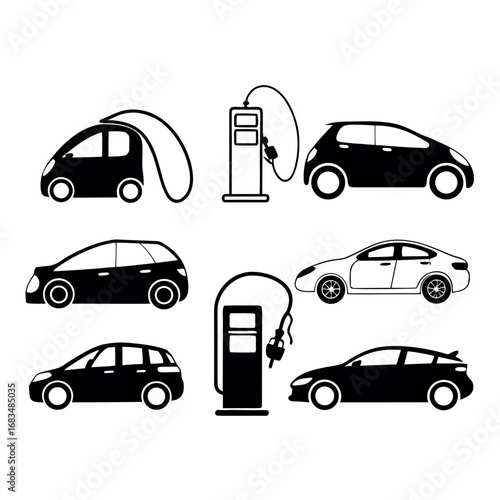 Electric and fuel car silhouettes with charging stations