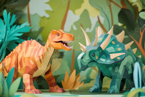 Two paper dinosaurs are standing next to each other in a forest