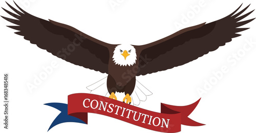 Majestic bald eagle soars proudly above a banner proclaiming "Constitution"