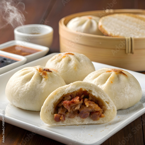 Wallpaper Mural Gua bao steamed buns with salad inside the bamboo steamer on black backgro Torontodigital.ca