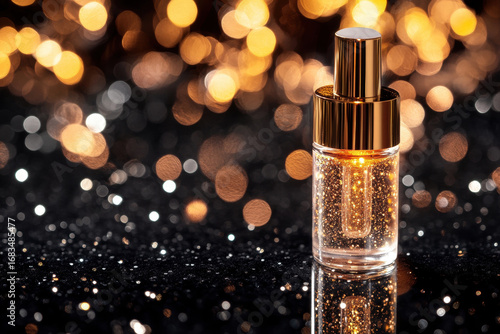 A bottle of perfume is sitting on a black background with a lot of light