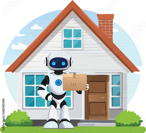 Robot delivering package to house