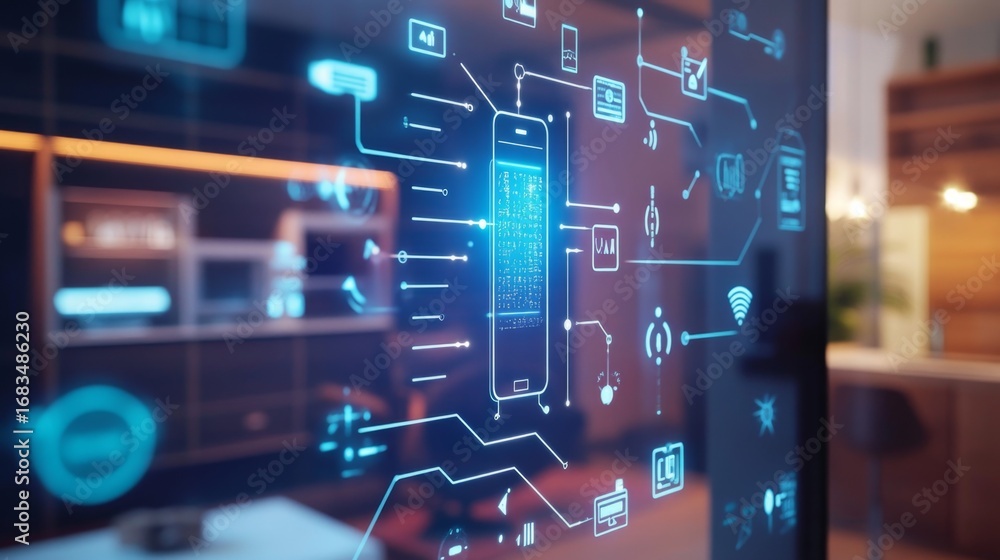 Fototapeta premium Visualizing iot connectivity interactive network map on digital screen in smart home environment