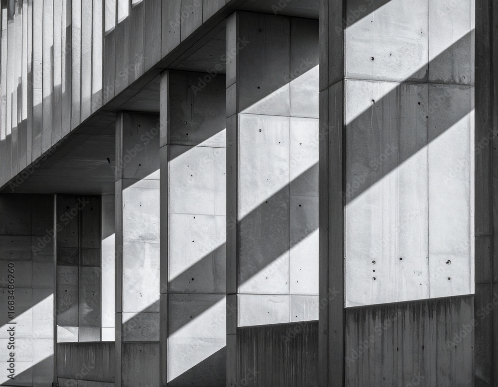 Fototapeta premium Monochrome concrete architecture shadows on modern building minimalist design in urban environment moody viewpoint capturing depth