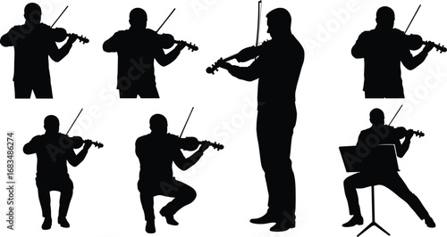 Silhouettes of Male Violinist in Various Playing Poses – Standing, Sitting, Kneeling – Musician Vector Illustration for Design Use