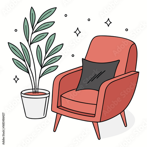 Vector art of cozy coral armchair with a black cushion and a potted plant, simple line art illustration with decorative stars