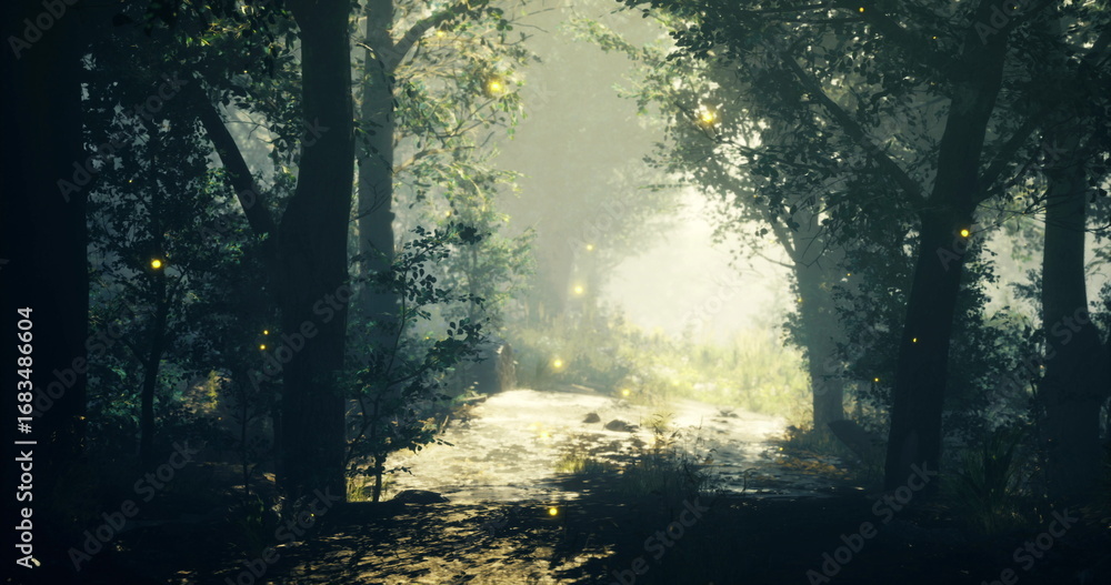 Obraz premium As twilight falls in a lush forest, tiny fireflies illuminate the air above a gentle stream. The enchanting scene captures the magic of nature in a peaceful moment of dusk.