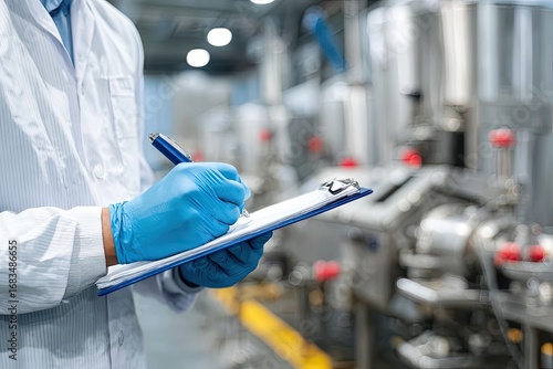 Industrial worker in lab coat inspecting equipment with clipboard.