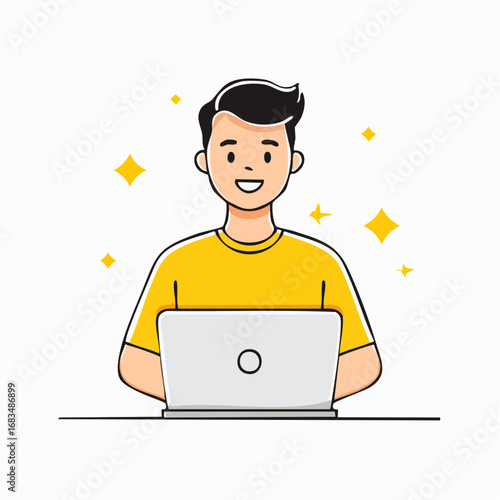 Happy Man Working on Laptop with Sparkles