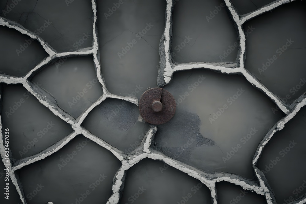 Abstract pattern of cracked ice or dry mud forming polygon shapes with rough edges, centered around a small metal bolt or rivet in a dark, monochromatic tone, metal texture background