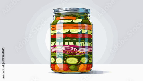 Colorfully layered pickled vegetables in glass jar on clean background