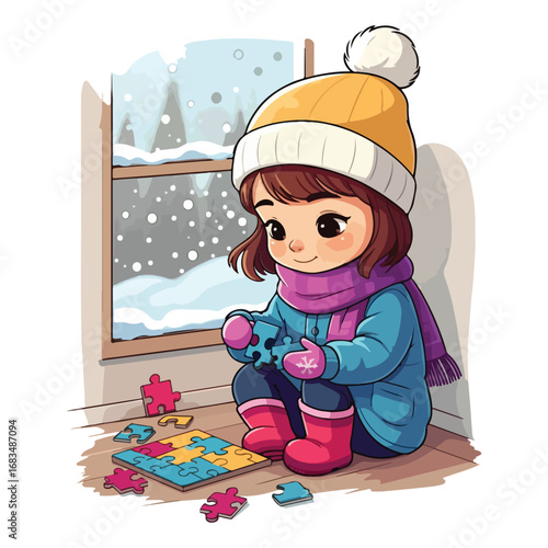 A smiling little girl in a winter hat plays in the snow