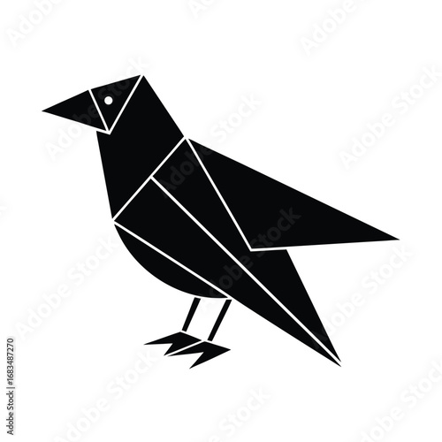 Black origami crow silhouette on white background bird