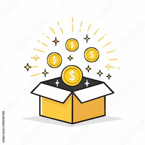 Golden dollar coins bursting from a box, symbolizing financial gain and prosperity