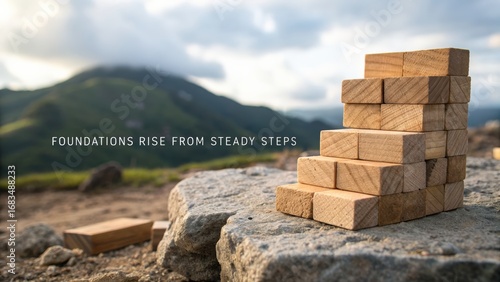 Wooden blocks stacked on rocky surface against mountain landscape